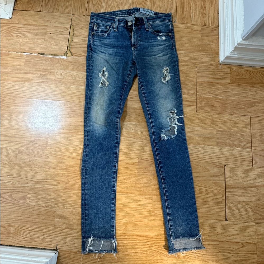 AG Adriano Goldschmied Dark Blue Distressed Skinny Jeans